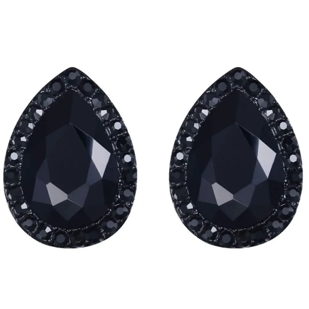 Carbon Black with Black Onyx Austrian Crystal Teardrop Stud Post Back Earrings